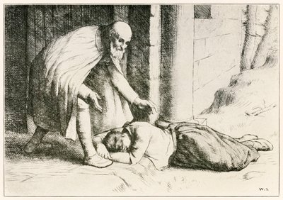 Barmherzigkeit fällt vor dem Tor in Ohnmacht aus Der Pilgerreise von John Bunyan, Illustration von William Strang von William Strang